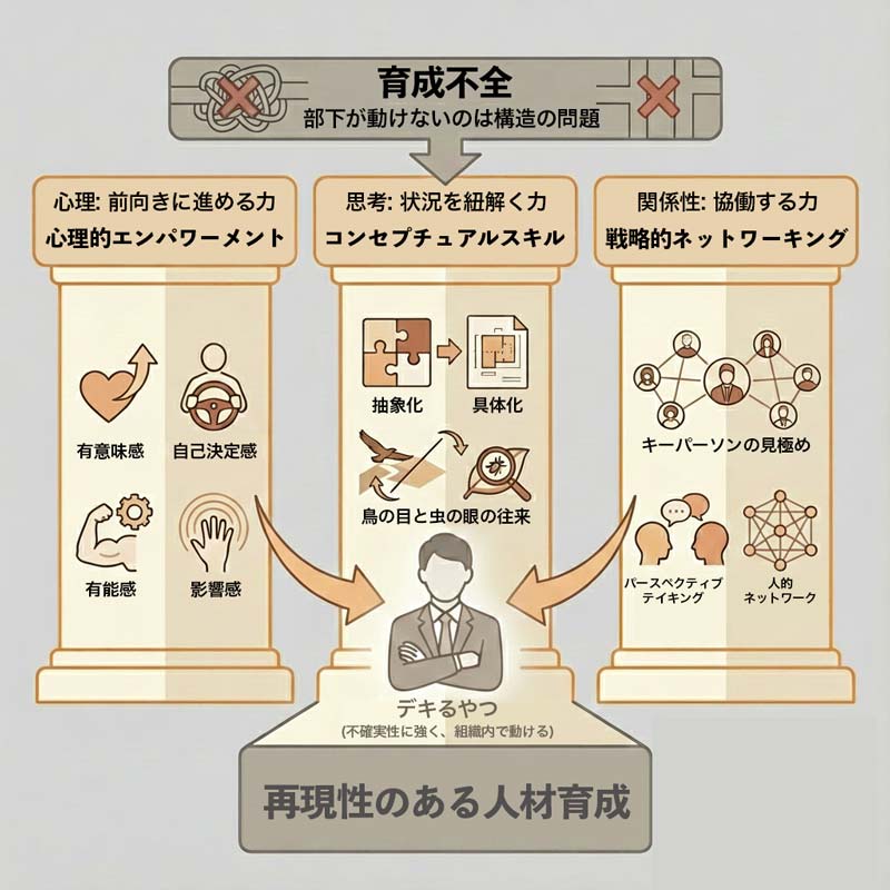 育成不全の全体像を説明した図。前向きに進める力「心理的エンパワーメント」は有意味感・自己決定感・有能感・影響感で構成されている。状況を紐解く力「コンセプチュアルスキル」は抽象と具体・鳥の目と虫の目の往来、協働する力「戦略的ネットワーキング」はキーパーソンの見極め・パースペクティブテイキング・人的ネットワークで構成されており、それらを合わせてデキるやつになる。これが再現性のある人材育成である、という図解。