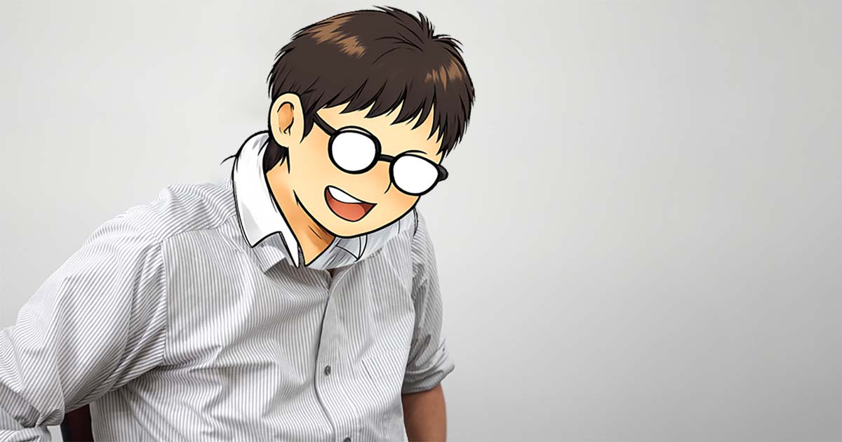 笑う霞が関さんの写真(顔は笑っているイラストでマスクしています)