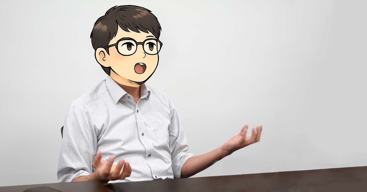 身振り手振りを入れながら真剣に話す霞が関さん(顔だけイラストでマスクしています)